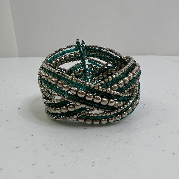 Blue Beaded Wrapped Cuff Flexible Braided Silver Tone Cuff Twist‎ Wire Boho - Picture 1 of 8